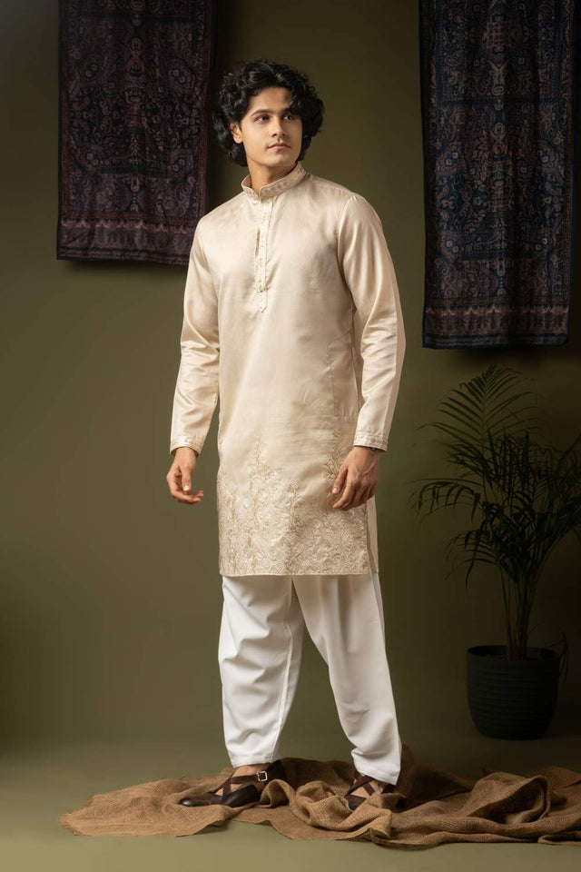 Off White Embroidered Silk Men's Kurta Sets