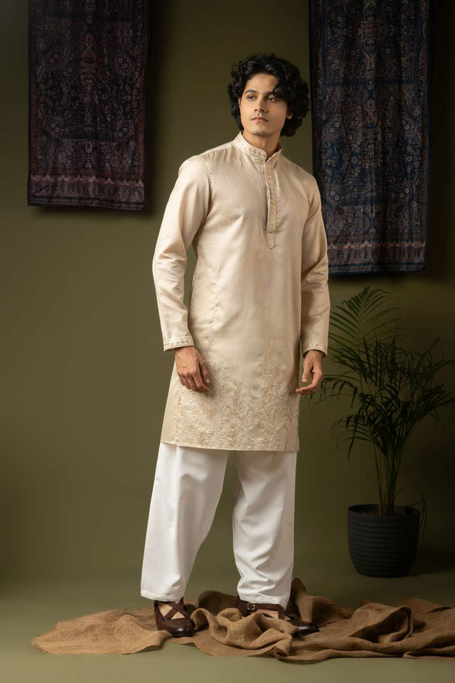Off White Embroidered Silk Men's Kurta Sets