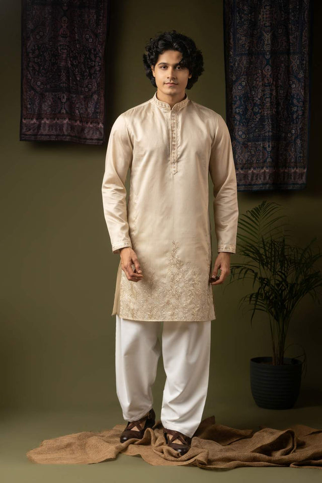 Off White Embroidered Silk Men's Kurta Sets