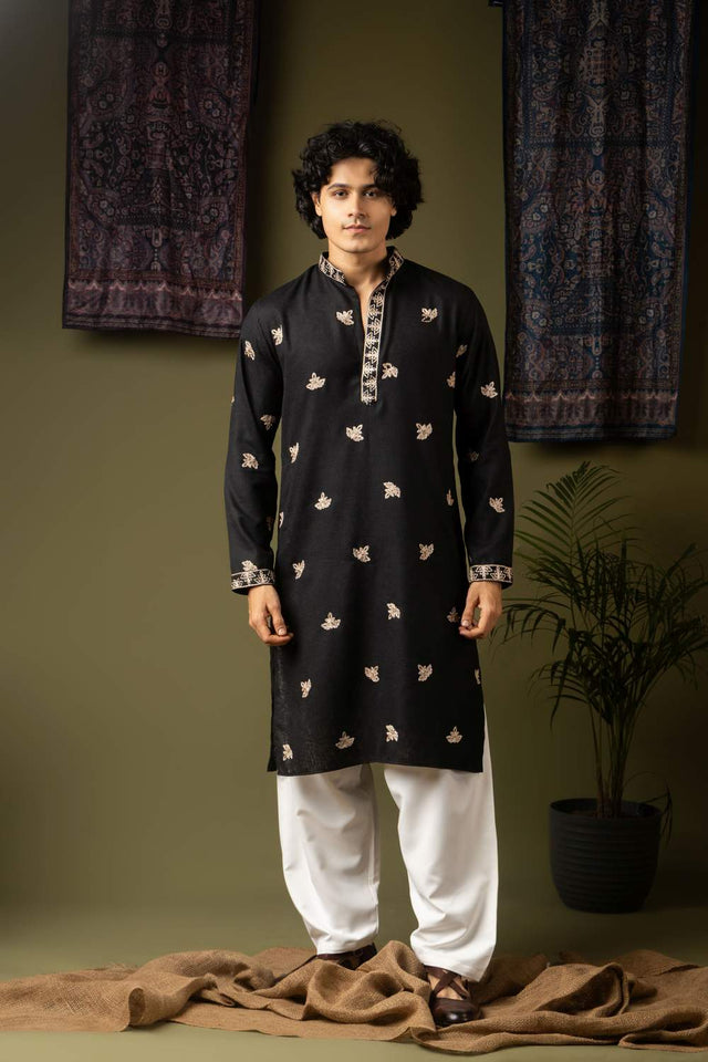 Black Embroidered Linen Men's Kurta Sets