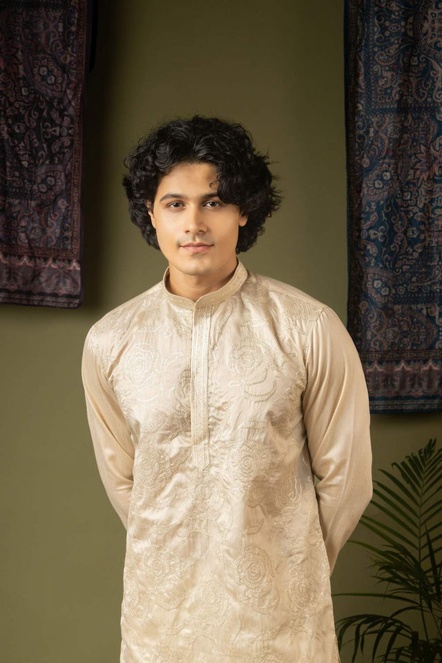 Off White Embroidered Silk Men's Kurta Sets
