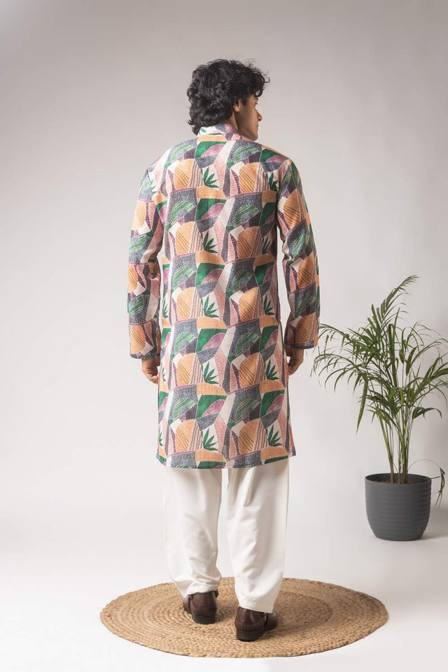 Multicolor Printed Linen Men's Kurta Sets