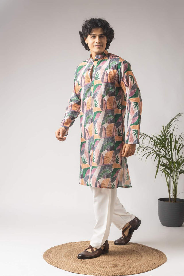 Multicolor Printed Linen Men's Kurta Sets
