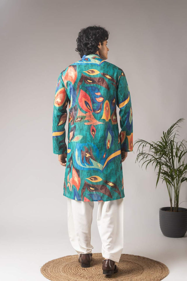 Green Printed Linen Men's Kurta Sets