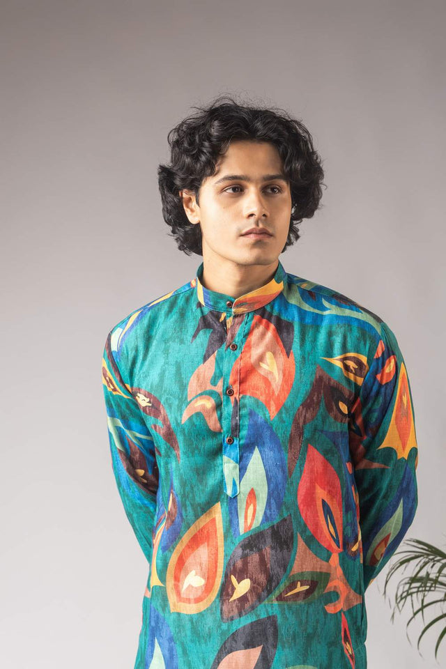 Green Printed Linen Men's Kurta Sets