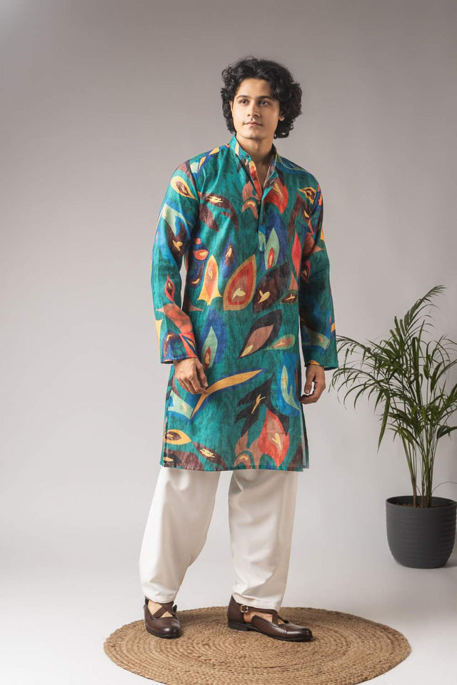 Green Printed Linen Men's Kurta Sets
