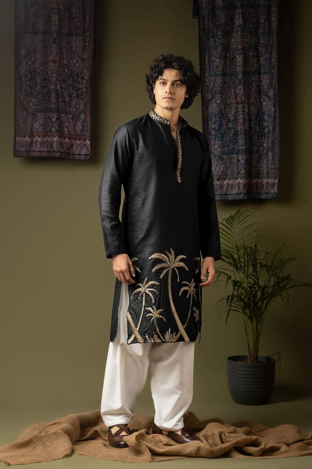 Black Embroidered Linen Men's Kurta Sets
