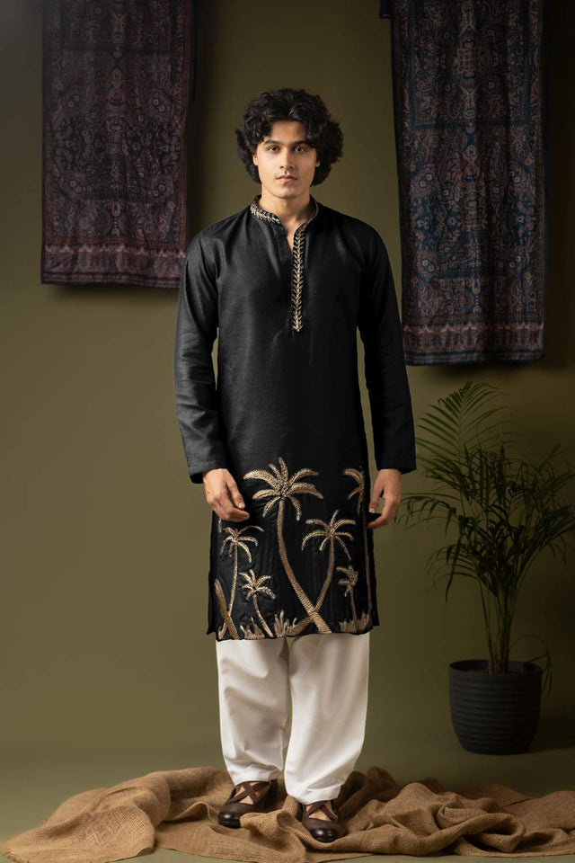 Black Embroidered Linen Men's Kurta Sets