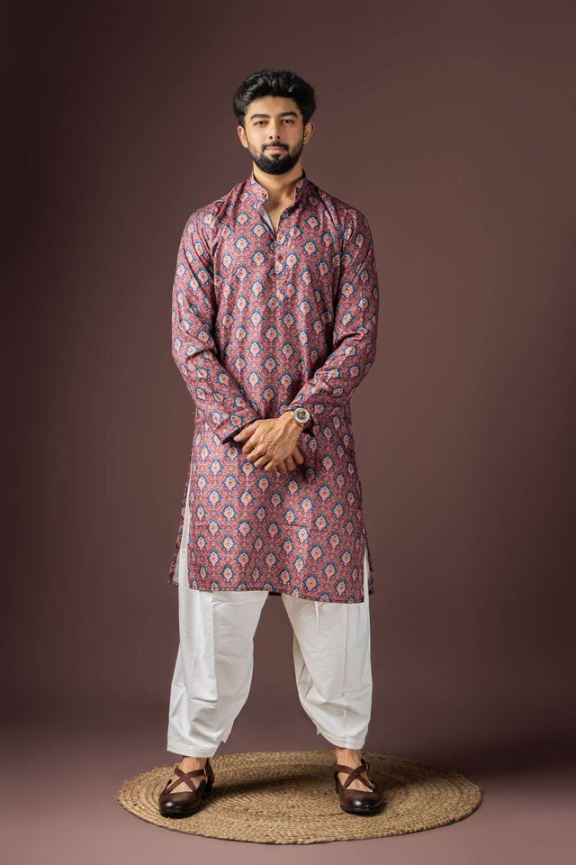Wine Printed Cotton Blended Men's Kurta Sets