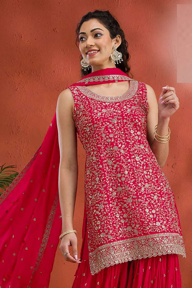 Red Sequin with Embroidered Georgette Sharara Suit Set