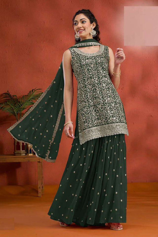 Green Sequin with Embroidered Georgette Sharara Suit Set