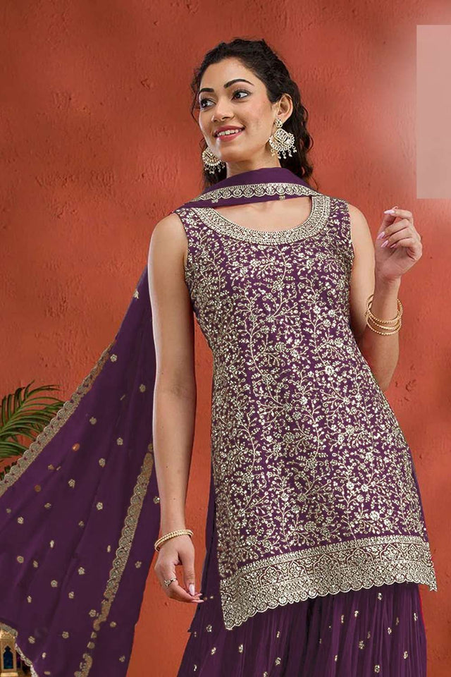 Violet Sequin with Embroidered Georgette Sharara Suit Set