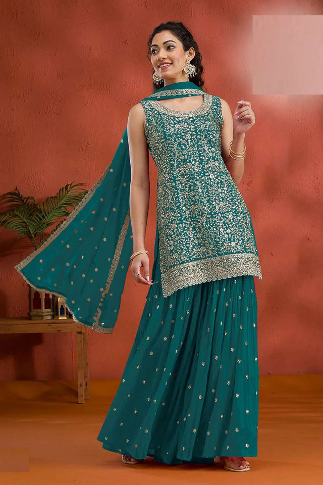 Turquoise Sequin with Embroidered Georgette Sharara Suit Set