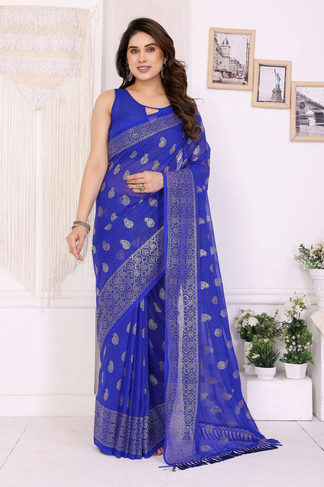 Royal Blue Foil Printed Georgette Saree