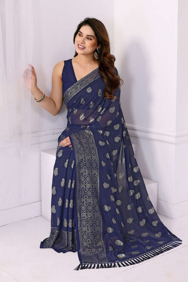 Blue Foil Printed Georgette Saree