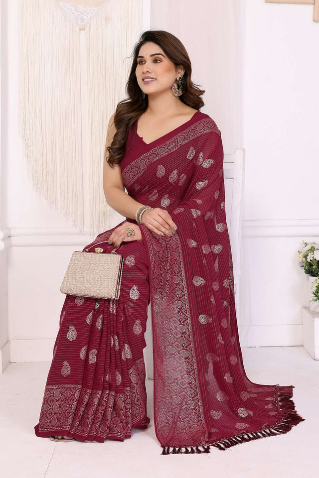 Maroon Foil Printed Georgette Saree