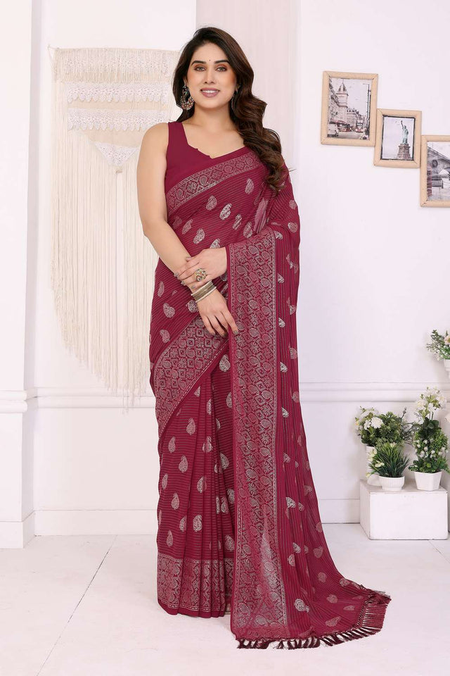 Maroon Foil Printed Georgette Saree