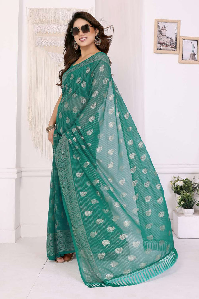 Turquoise Foil Printed Georgette Saree