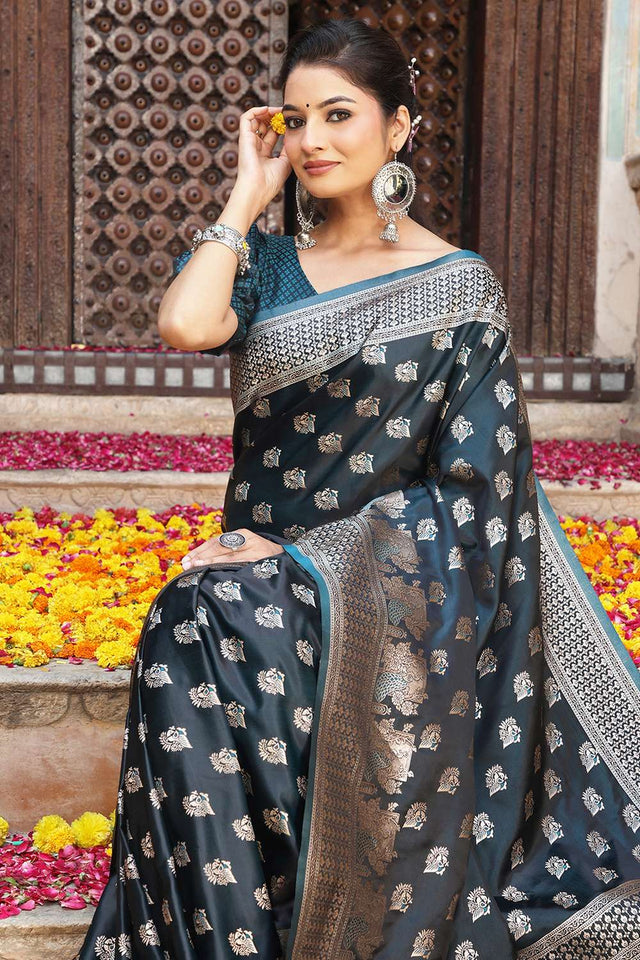 Turquoise Woven Silk Saree