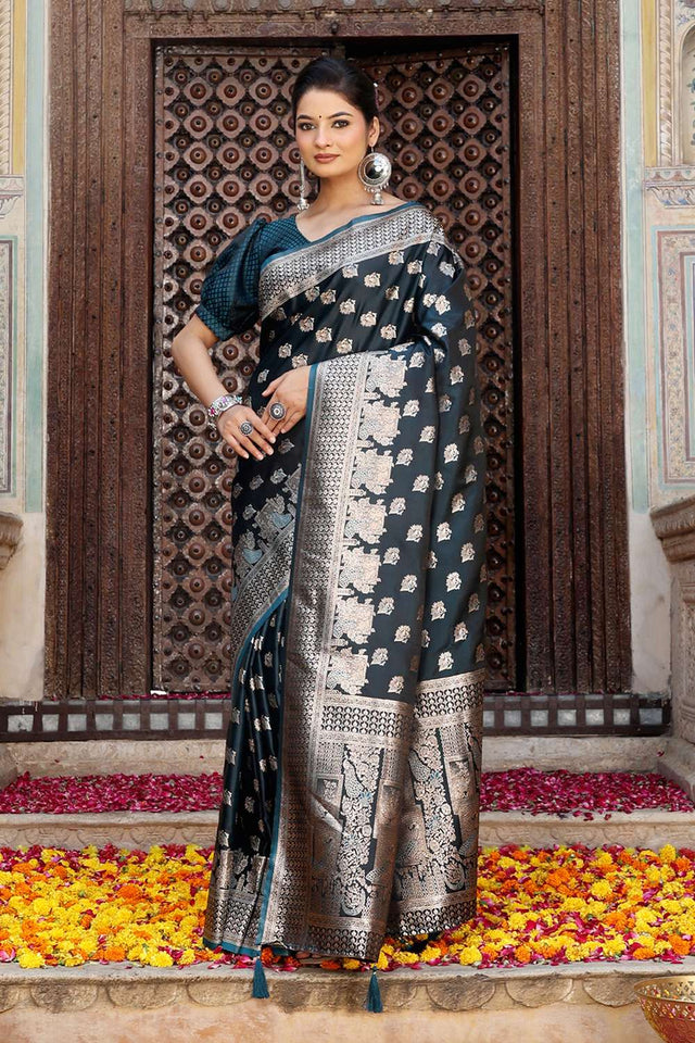 Turquoise Woven Silk Saree
