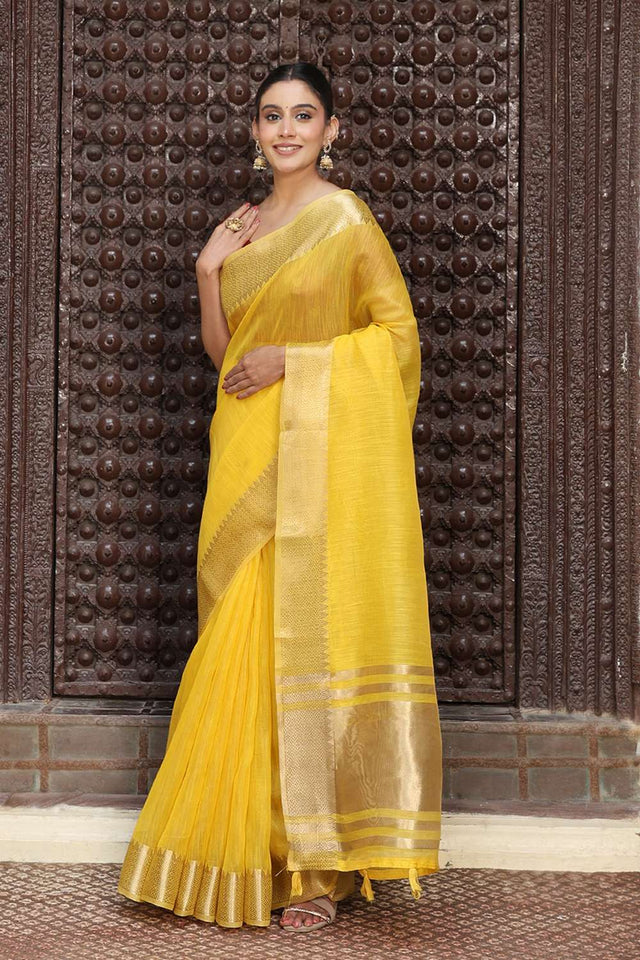 Yellow Woven Cotton Saree