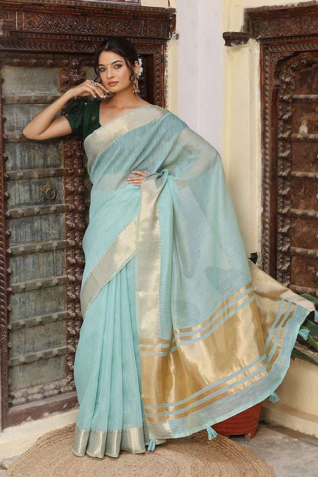 Sky Blue Woven Cotton Saree