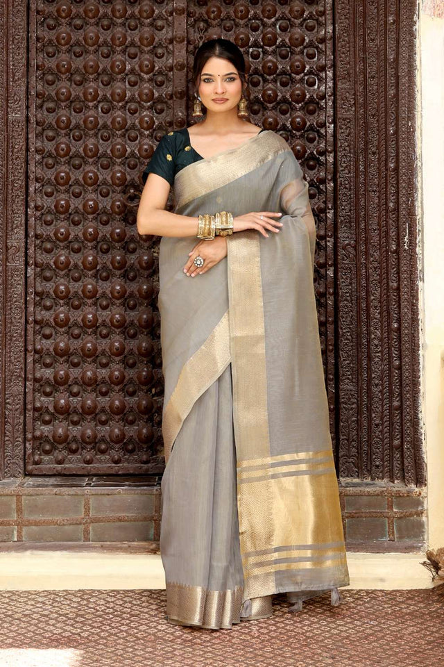 Grey Woven Cotton Saree
