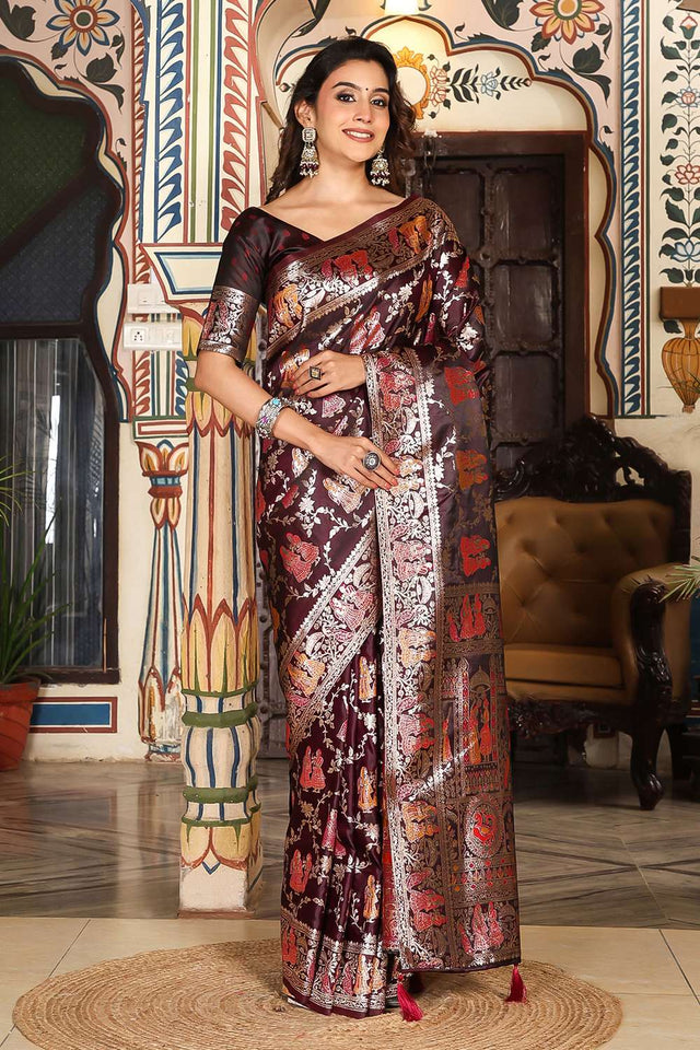 Maroon Woven Silk Saree