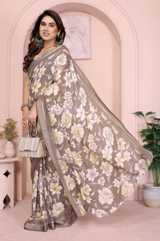 Brown Floral Printed Satin Saree