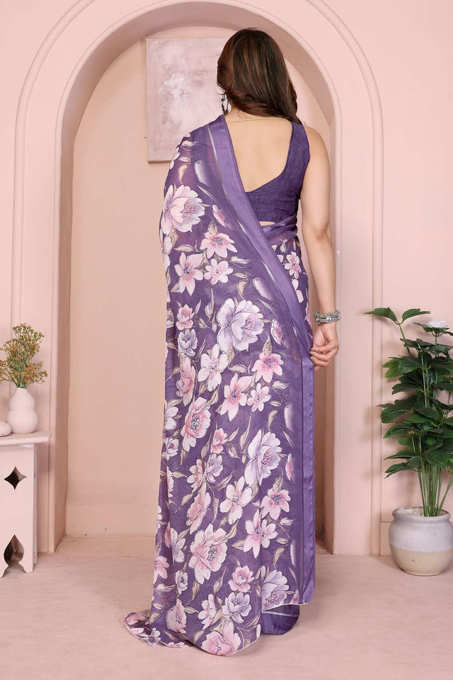 Purple Floral Printed Satin Saree