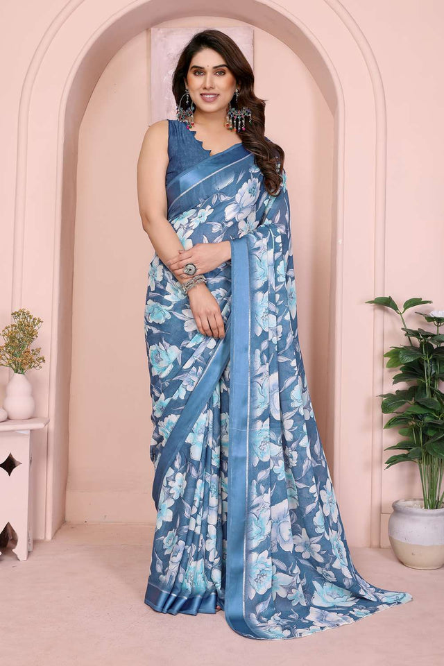 Blue Floral Printed Satin Saree