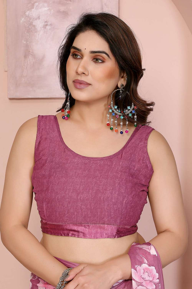 Pink Floral Printed Satin Saree