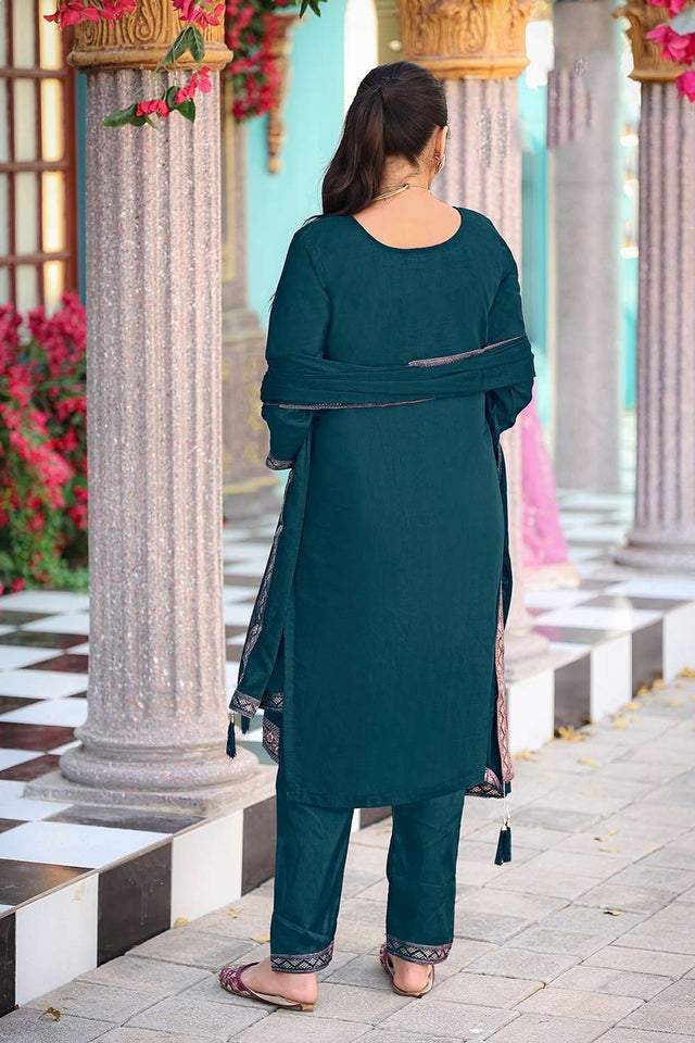 Turquoise Floral Embroidered Viscose Kurti Pant Set