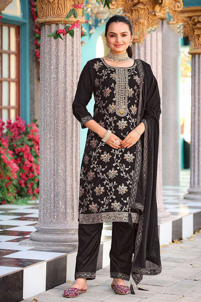 Black Floral Embroidered Viscose Kurti Pant Set