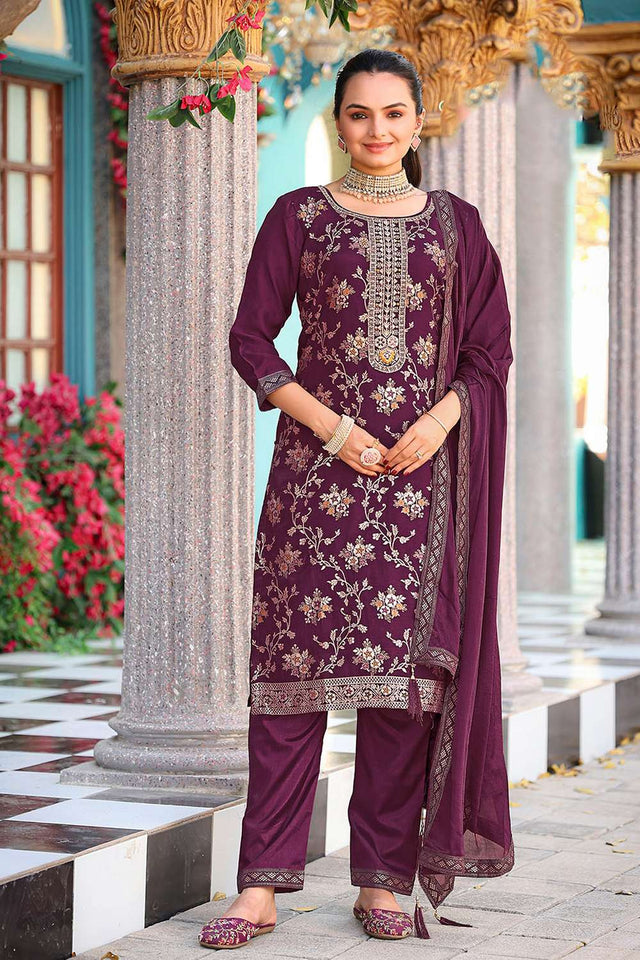 Wine Floral Embroidered Viscose Kurti Pant Set