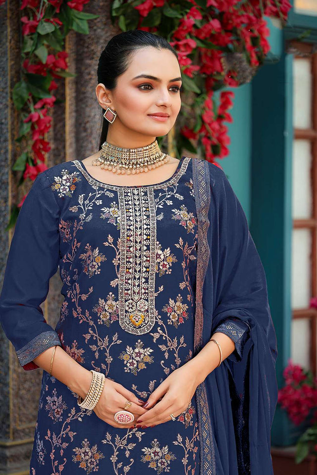 Blue Floral Embroidered Viscose Kurti Pant Set