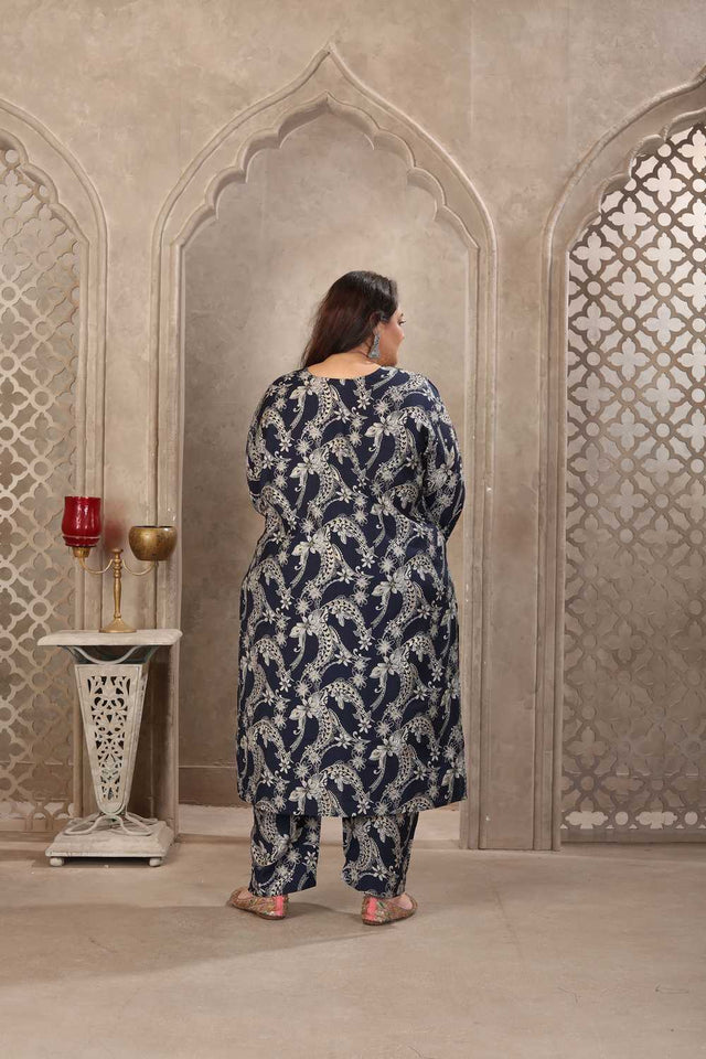 Navy Blue Floral Printed Viscose Straight Cut Suit Set