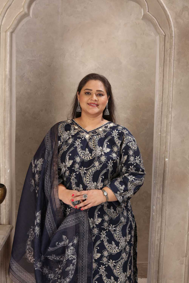 Navy Blue Floral Printed Viscose Straight Cut Suit Set