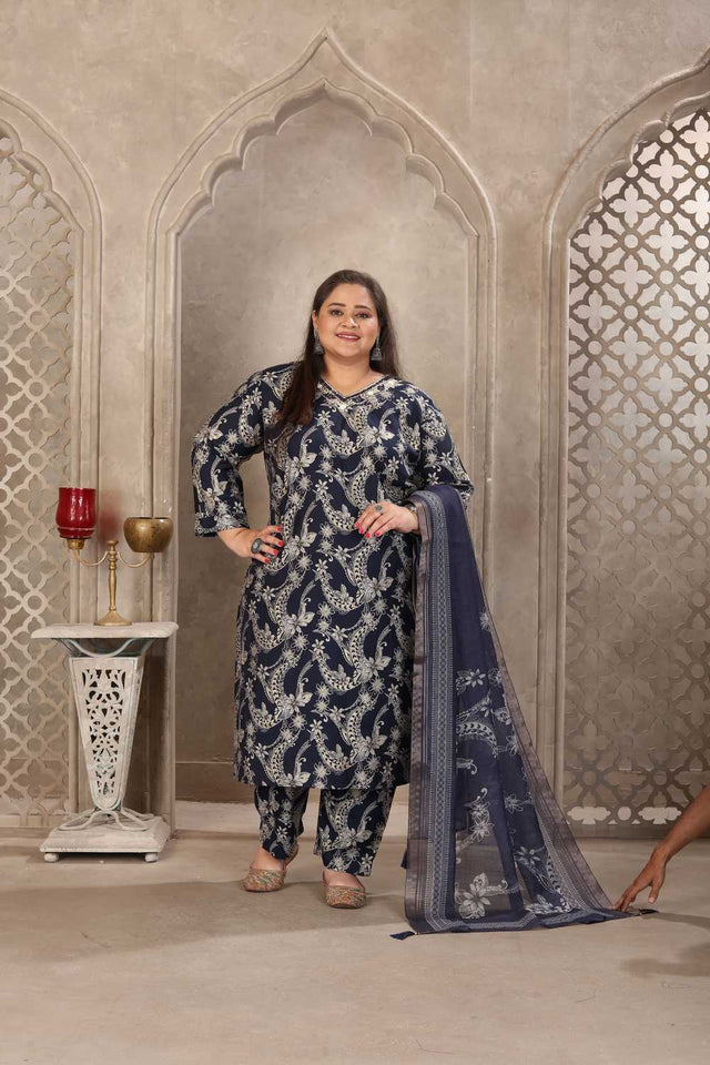 Navy Blue Floral Printed Viscose Straight Cut Suit Set