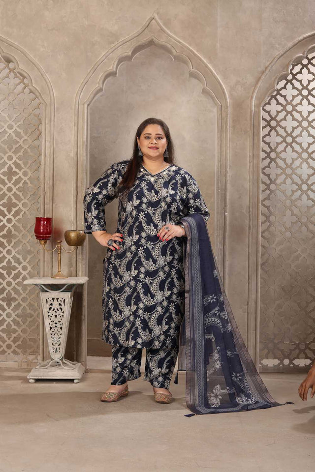 Navy Blue Floral Printed Viscose Straight Cut Suit Set