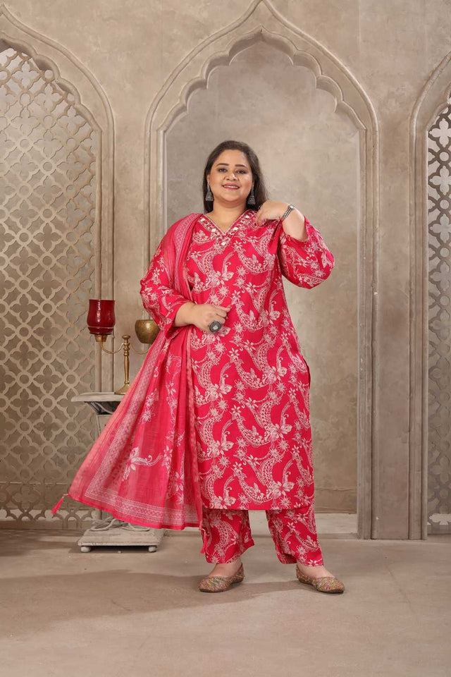 Pink Printed Viscose Straight Cut Suit Set