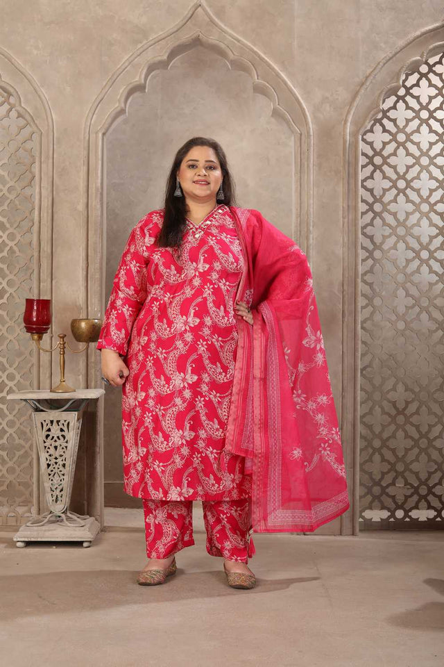 Pink Printed Viscose Straight Cut Suit Set