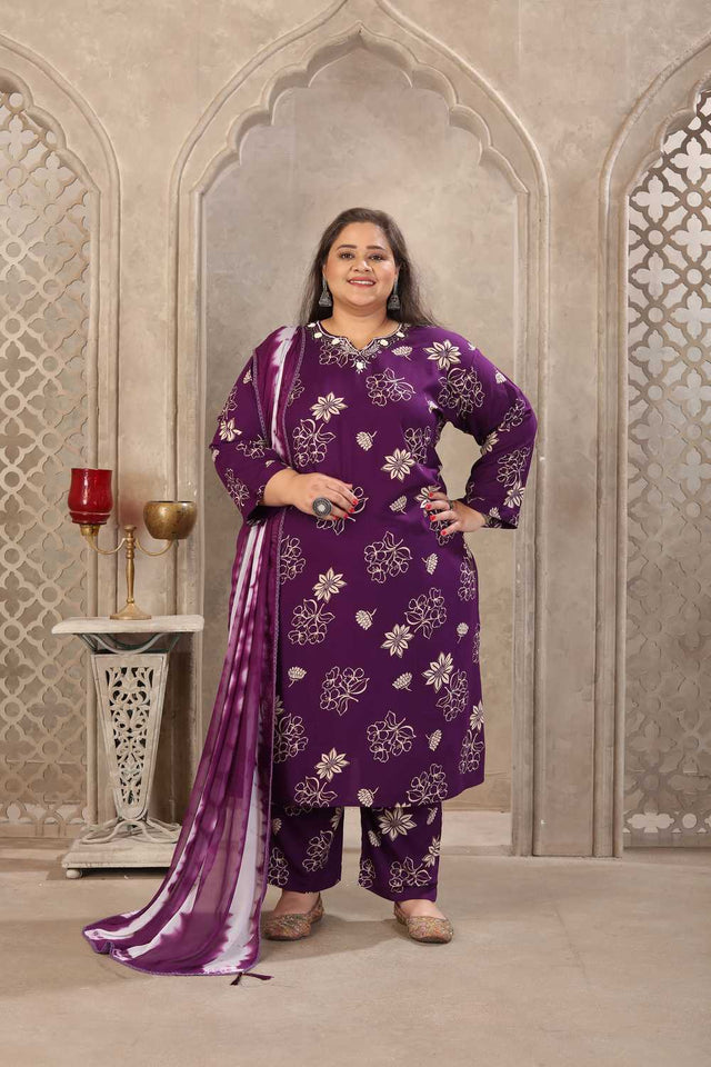 Purple Floral Printed Rayon Straight Cut Suit Set