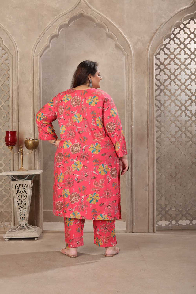 Orange Floral Printed Rayon Straight Cut Suit Set