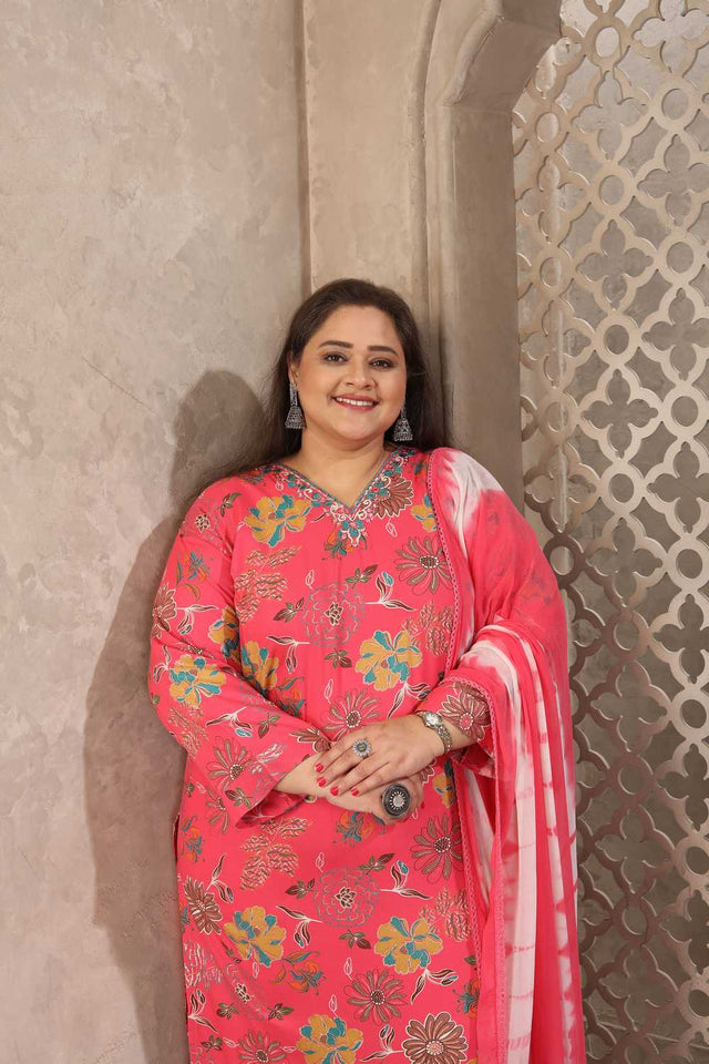 Orange Floral Printed Rayon Straight Cut Suit Set