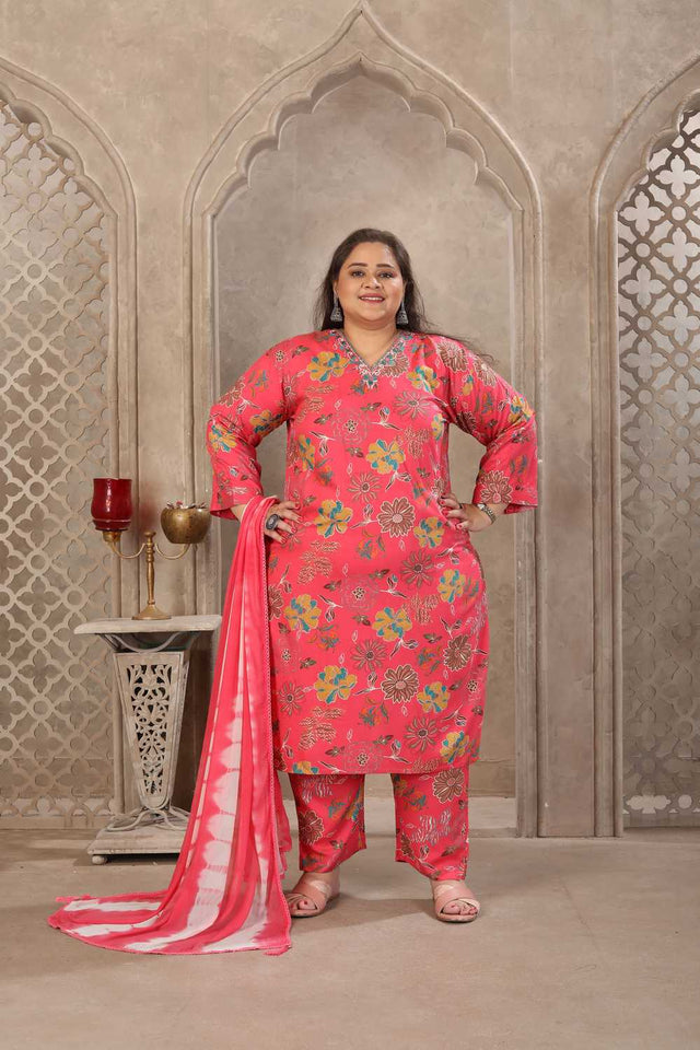 Orange Floral Printed Rayon Straight Cut Suit Set