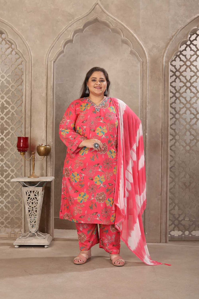 Orange Floral Printed Rayon Straight Cut Suit Set