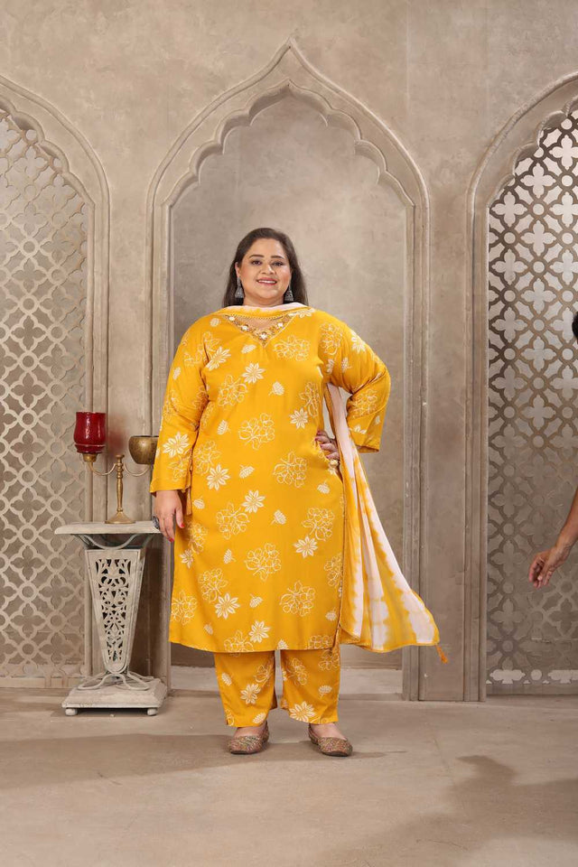 Mustard Floral Printed Rayon Straight Cut Suit Set
