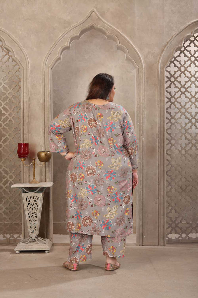 Grey Floral Printed Rayon Straight Cut Suit Set
