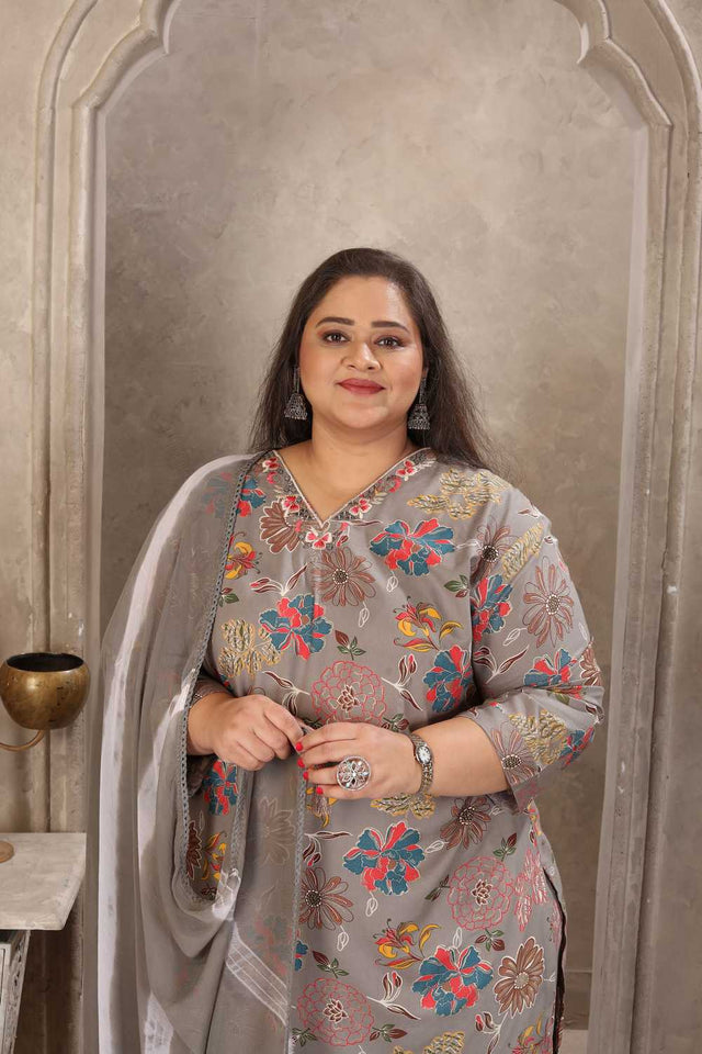 Grey Floral Printed Rayon Straight Cut Suit Set